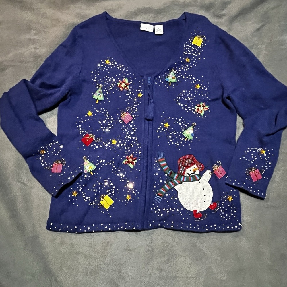Kim Rogers Cardigan Sweater Womens Medium Royal Blue Christmas Snowman‎ Full Zip